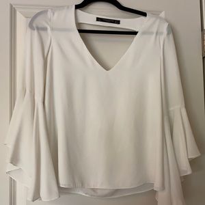White silky bell sleeve top drape back